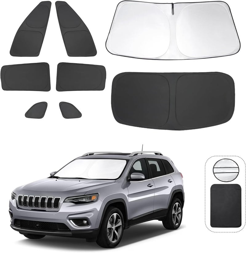 LHFLIVE 8PCS Windshield Sun Shade Custom Fit for 2014-2024 Jeep Cherokee Trailhawk,Overland, Limited, Latitude, Altitude Accessories Foldable Sunshade Side Rear Window Shade Cover Full Set Keeps Car Cool - Image 1